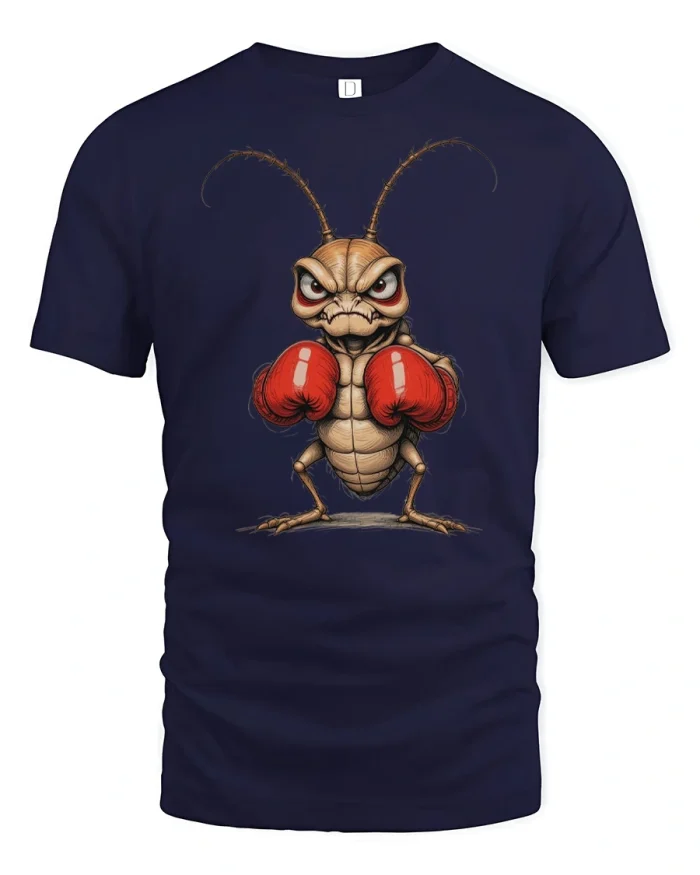 Funny Boxing Cockroach Graphic T Shirt Tough Bug Champion Style - navy t-shirt on white background