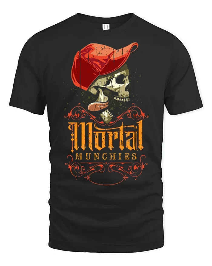 Mortal Munchies Funny Pirate Skull Halloween Graphic T Shirt - black t-shirt on white background