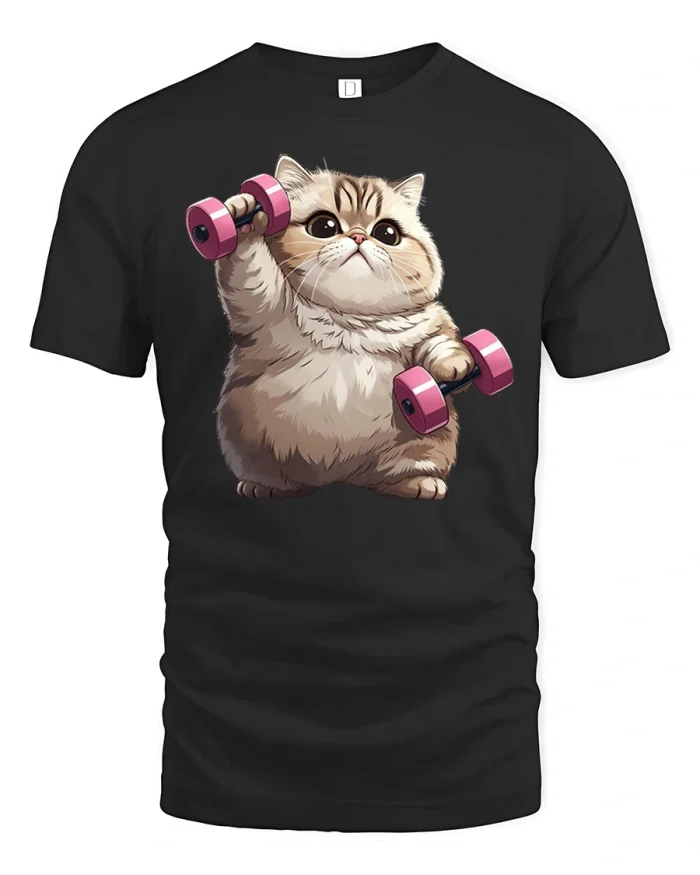 Cute Workout Cat Lifting Pink Dumbbells Funny Graphic T Shirt - black t-shirt on white background