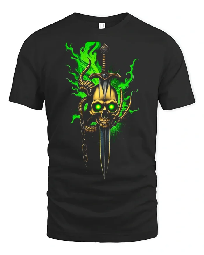 Dark Fantasy Skull Sword Green Flame Graphic T Shirt Design - black t-shirt on white background
