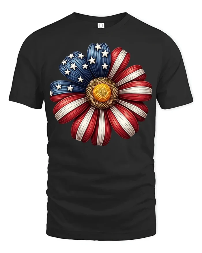 Patriotic American Flag Daisy Flower Graphic Tshirt Top - black t-shirt on white background
