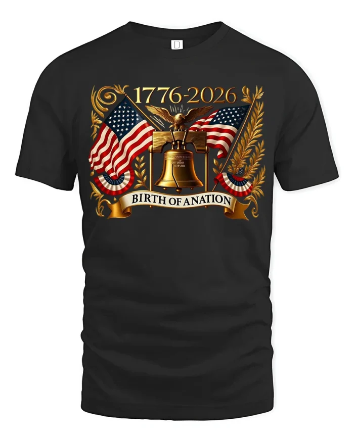 Patriotic 1776 2026 Liberty Bell Birth Of A Nation Graphic Tshirt - black t-shirt on white background