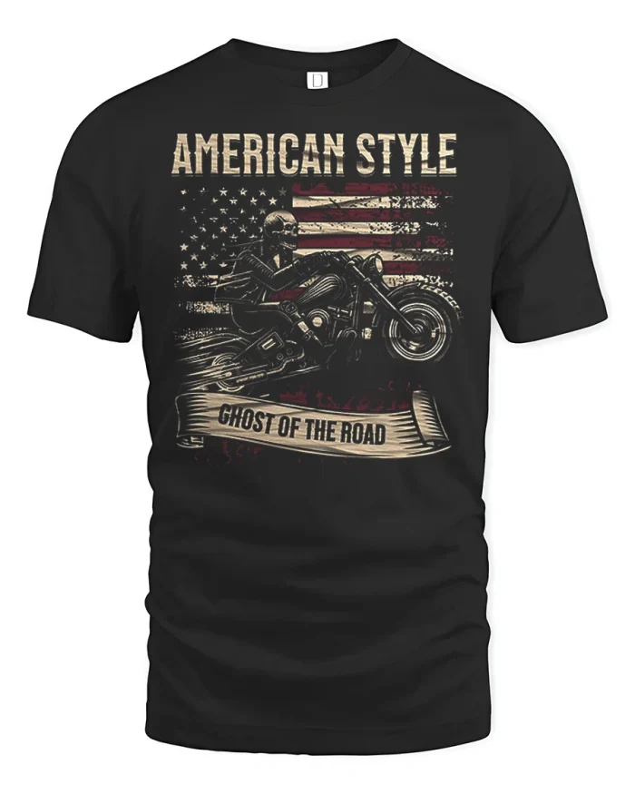 American Style Ghost of the Road Skull Biker Graphic T Shirt Tee - black t-shirt on white background