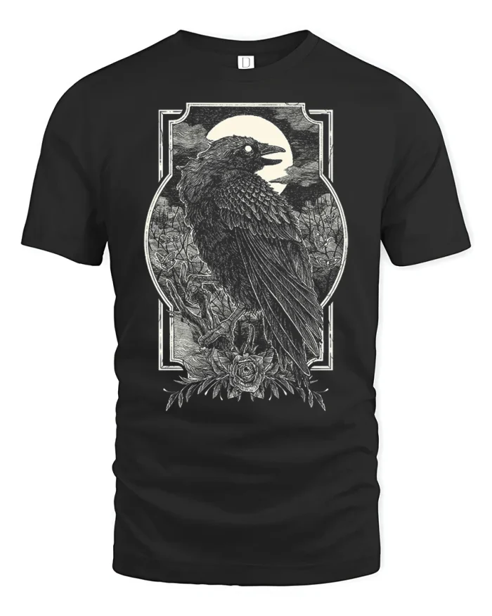 Mystic Raven Moon Gothic Vintage Graphic T Shirt Tee - black t-shirt on white background