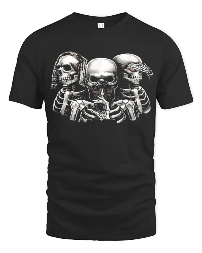 Three Wise Skulls See Hear Speak No Evil Graphic T Shirt Tee - black t-shirt on white background