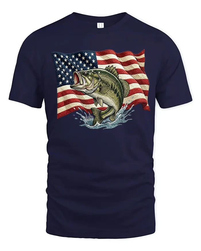 American Flag Bass Fishing Graphic T Shirt Tee Patriotic Vintage - navy t-shirt on white background