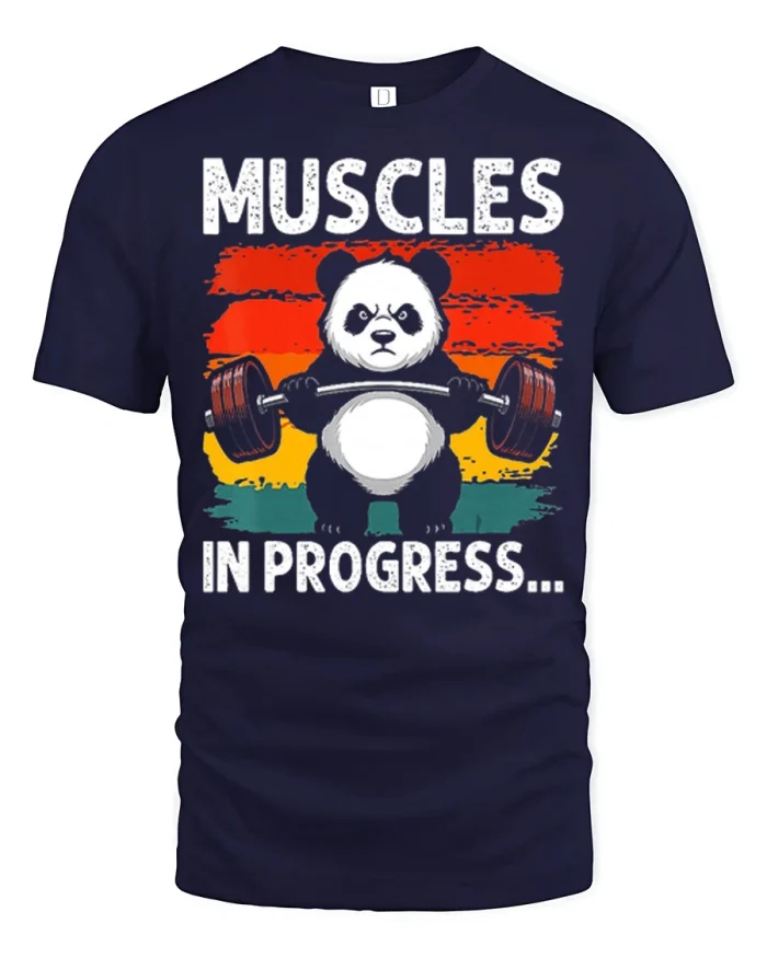 Muscles In Progress Funny Panda Weightlifting Graphic T Shirt Tee - navy t-shirt on white background