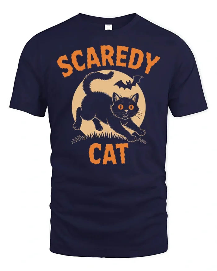 Scaredy Cat Funny Black Cat Halloween Graphic T Shirt Tee - navy t-shirt on white background