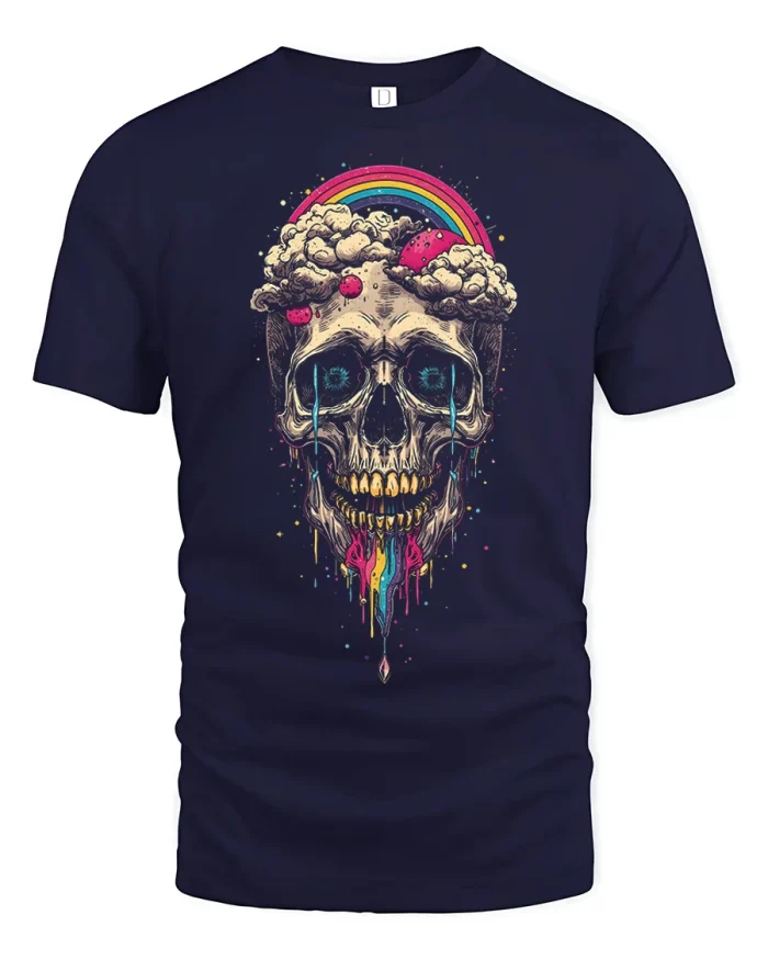 Psychedelic Melting Skull Rainbow Graphic T Shirt Tee Vintage - navy t-shirt on white background