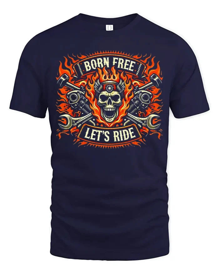 Born Free Lets Ride Flaming Skull Biker Graphic T Shirt Tee - navy t-shirt on white background