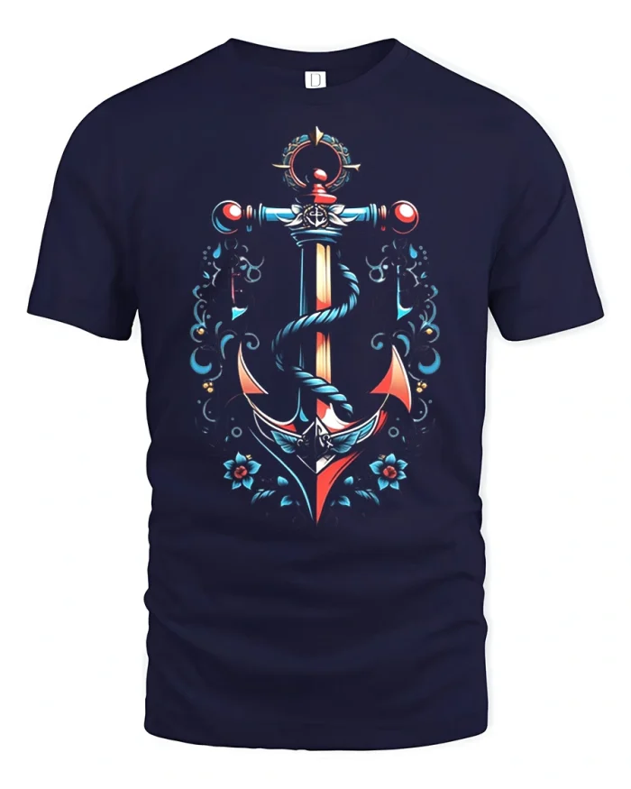 Nautical Anchor Rope Graphic T Shirt Tee Vintage Ocean Style - navy t-shirt on white background