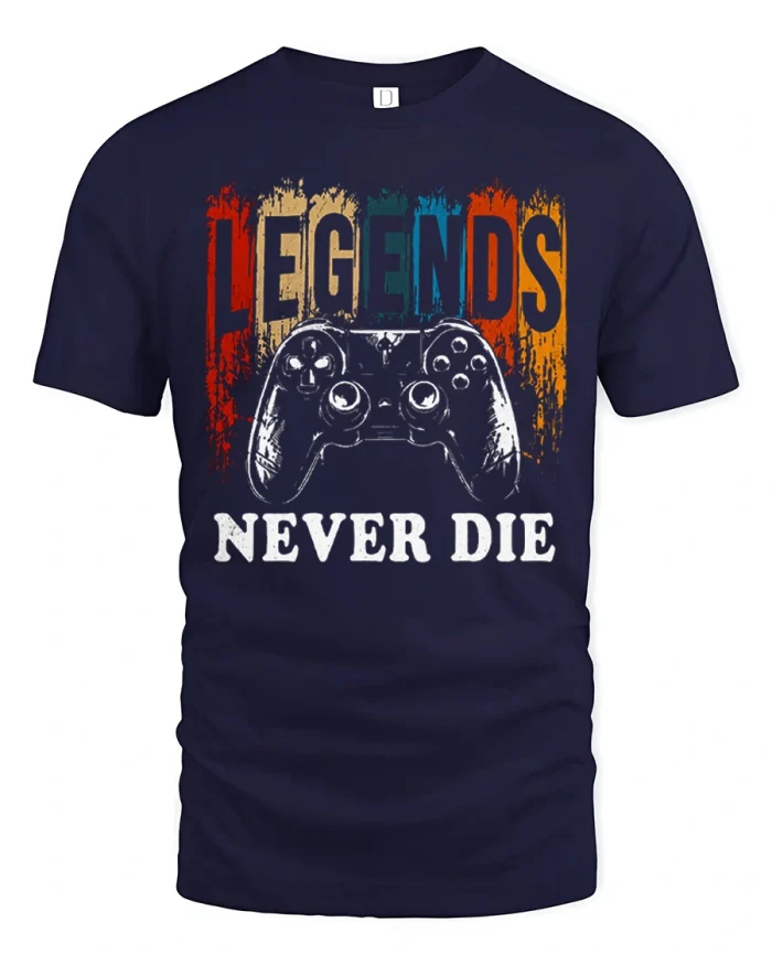 Legends Never Die Gaming Controller Vintage Graphic T Shirt - navy t-shirt on white background
