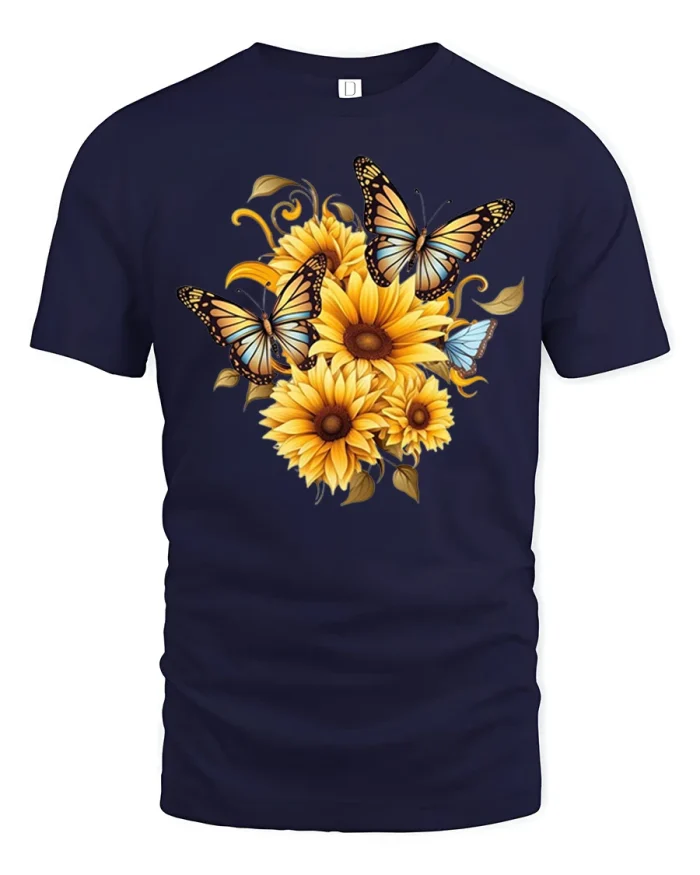 Enchanting Golden Sunflower And Monarch Butterfly Graphic Tshirt - navy t-shirt on white background