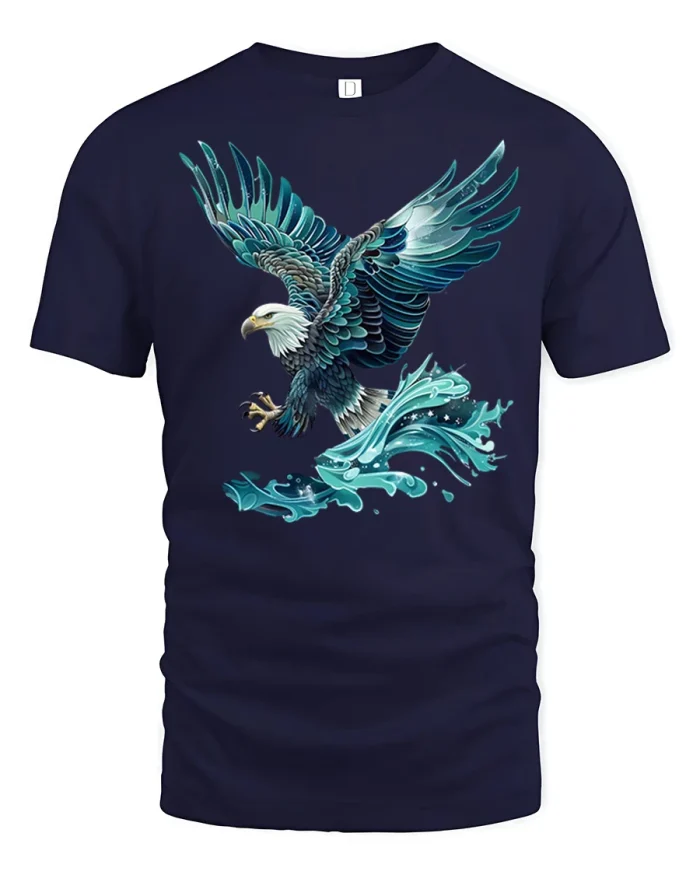 Majestic Bald Eagle Swooping Over Ocean Waves Graphic Tshirt - navy t-shirt on white background