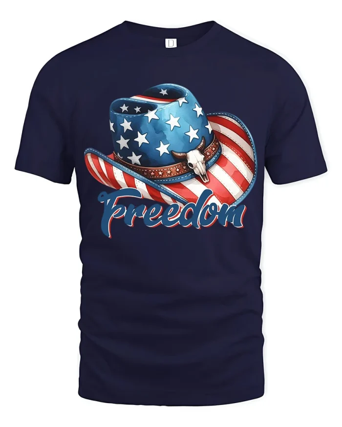 Patriotic American Flag Cowboy Hat Freedom Graphic Tshirt - navy t-shirt on white background
