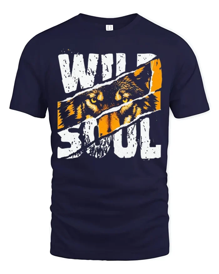 Untamed Wild Soul Wolf Eyes Graphic Tshirt Outdoorsy Style - navy t-shirt on white background