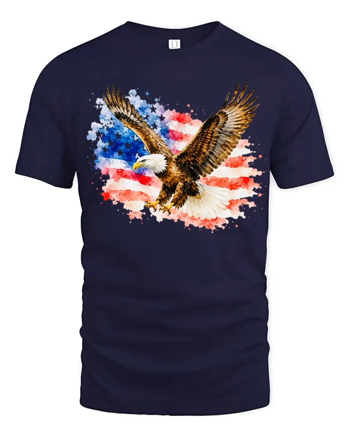 Majestic American Flag Bald Eagle Watercolor Graphic Tshirt - navy t-shirt on white background