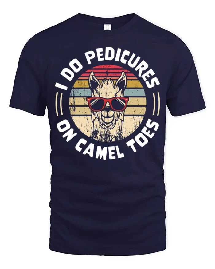 Hilarious I Do Pedicures On Camel Toes Retro Alpaca Graphic Tshirt - navy t-shirt on white background