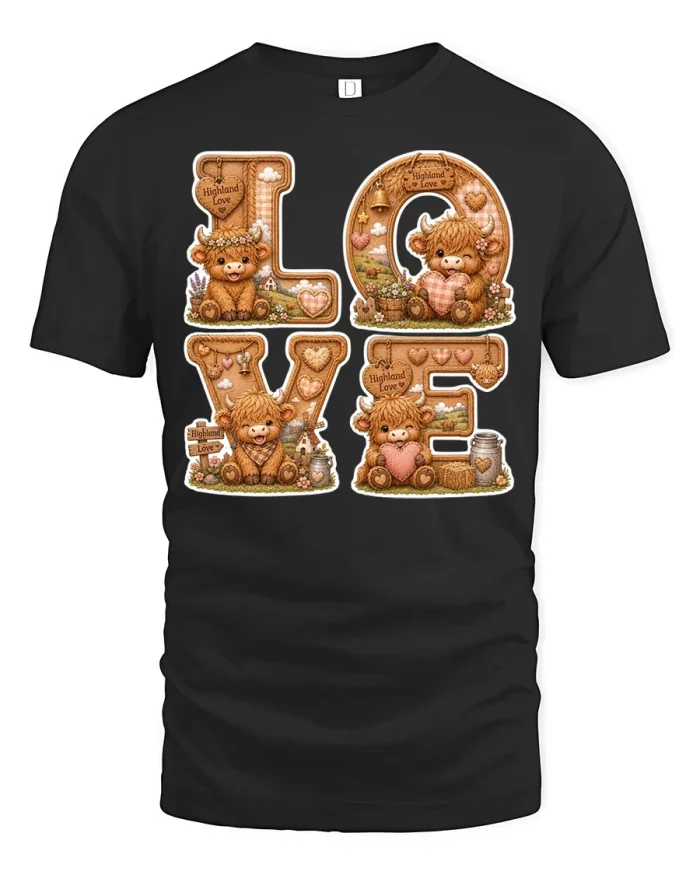 Highland Cow Love Graphic Tee Cute Farm Animal Country Style - black t-shirt on white background