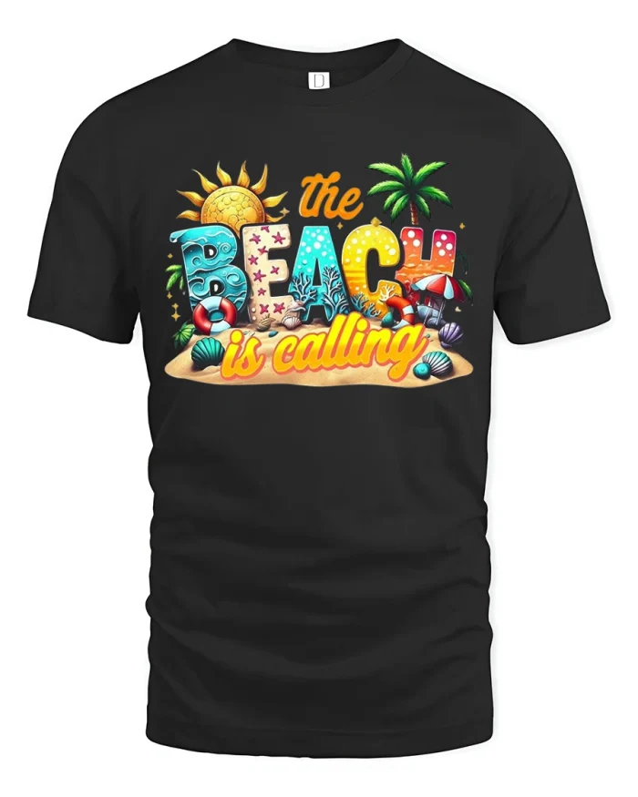 The Beach Is Calling Graphic Tee Tropical Summer Vacation Vibes - black t-shirt on white background