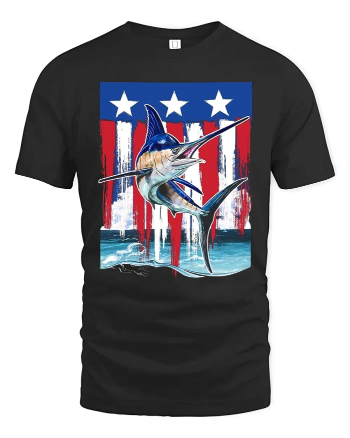 Patriotic Marlin Fishing Graphic Tee With Vintage American Flag Art - black t-shirt on white background