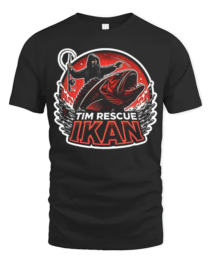 Tim Rescue Ikan Fishing Graphic Tee With Bold Angler Adventure Art - black t-shirt on white background
