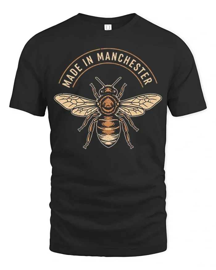 Made In Manchester Bee Graphic Tee With Vintage Heritage Style - black t-shirt on white background