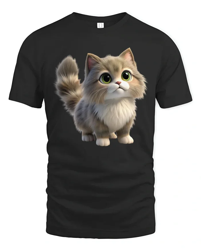 Adorable Fluffy Kitten Graphic Tee With Big Eyes Cartoon Charm - black t-shirt on white background