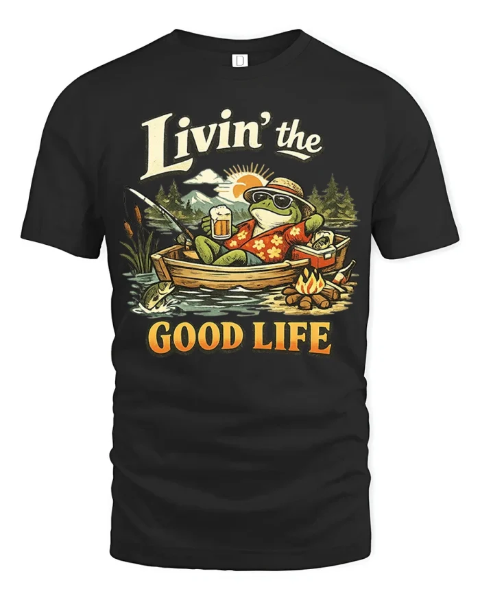Livin The Good Life Frog Fishing Graphic Tee With Camping Fun - black t-shirt on white background