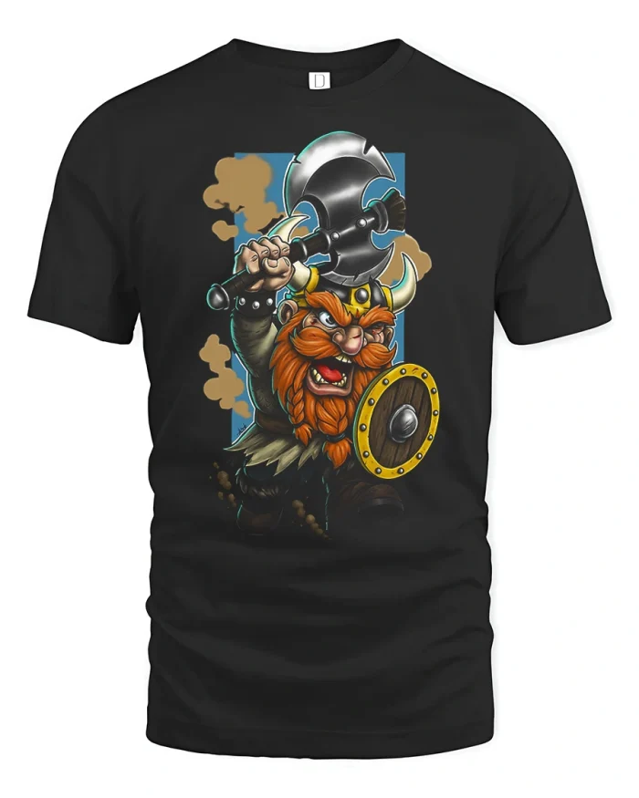 Fierce Viking Warrior Graphic Tee With Mighty Battle Axe Artwork - black t-shirt on white background