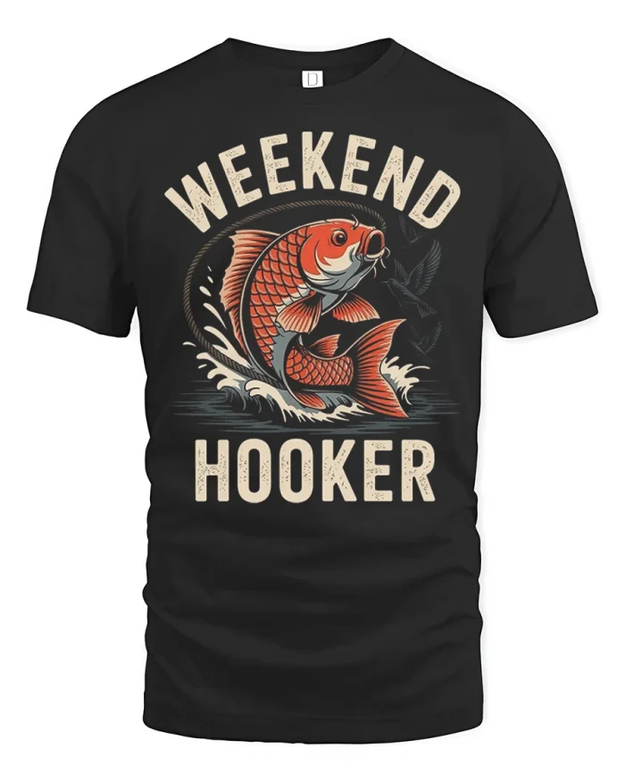 Weekend Hooker Funny Fishing Graphic Tee With Vintage Angler Style - black t-shirt on white background