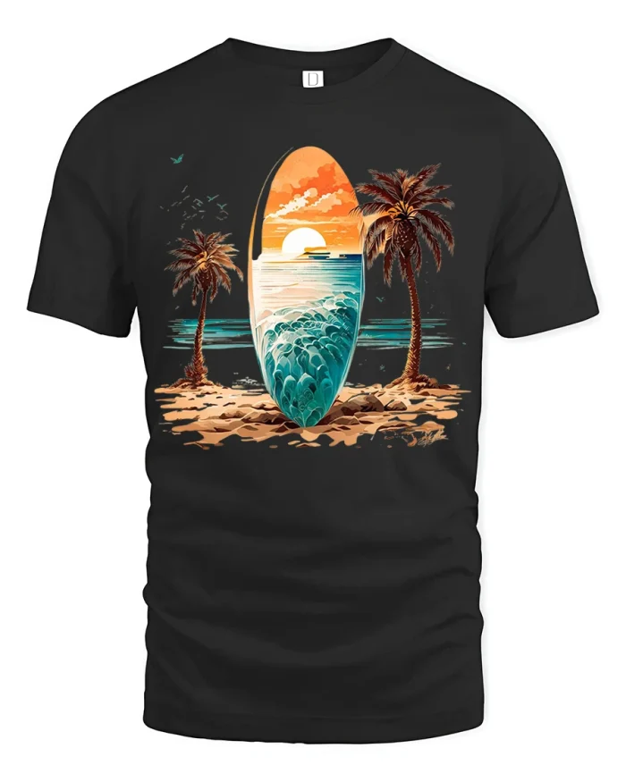 Tropical Sunset Surfboard Beach Graphic Tee With Coastal Paradise - black t-shirt on white background