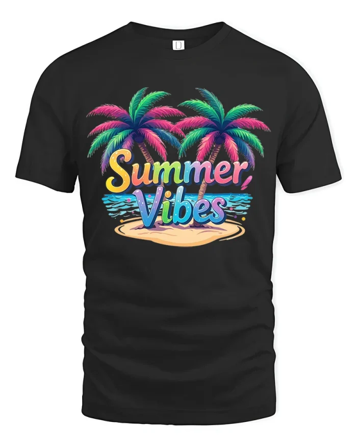 Summer Vibes Graphic Tee Tropical Beach Palm Tree Paradise Style - black t-shirt on white background