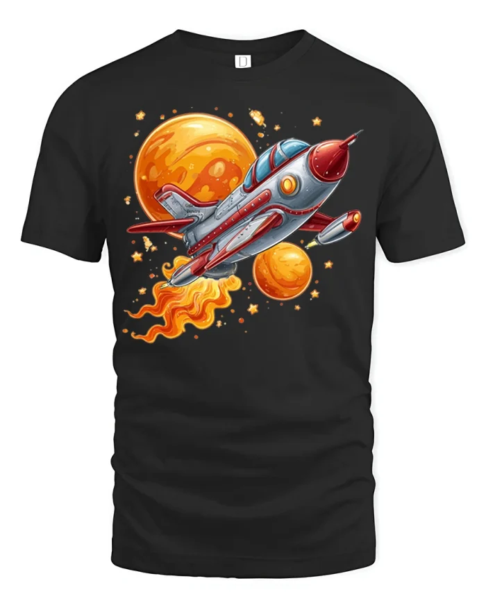 Retro Rocket Space Adventure Graphic Tee Cosmic Explorer Style - black t-shirt on white background