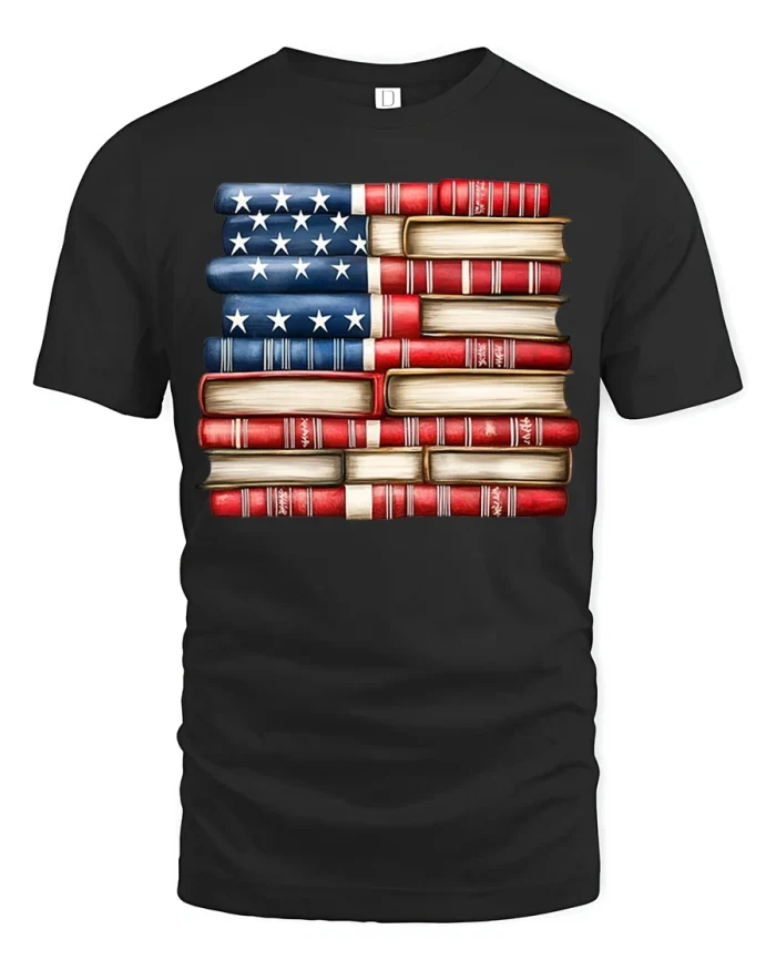American Flag Books Graphic Tee Patriotic Reading Lover Style - black t-shirt on white background
