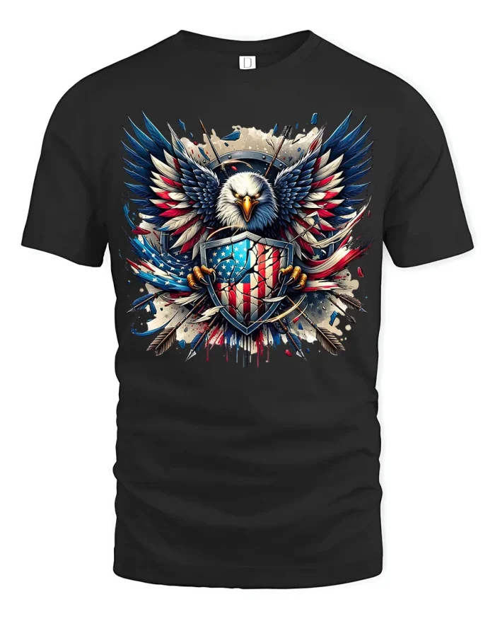 American Eagle Shield Graphic Tee Patriotic Freedom Warrior Style - black t-shirt on white background