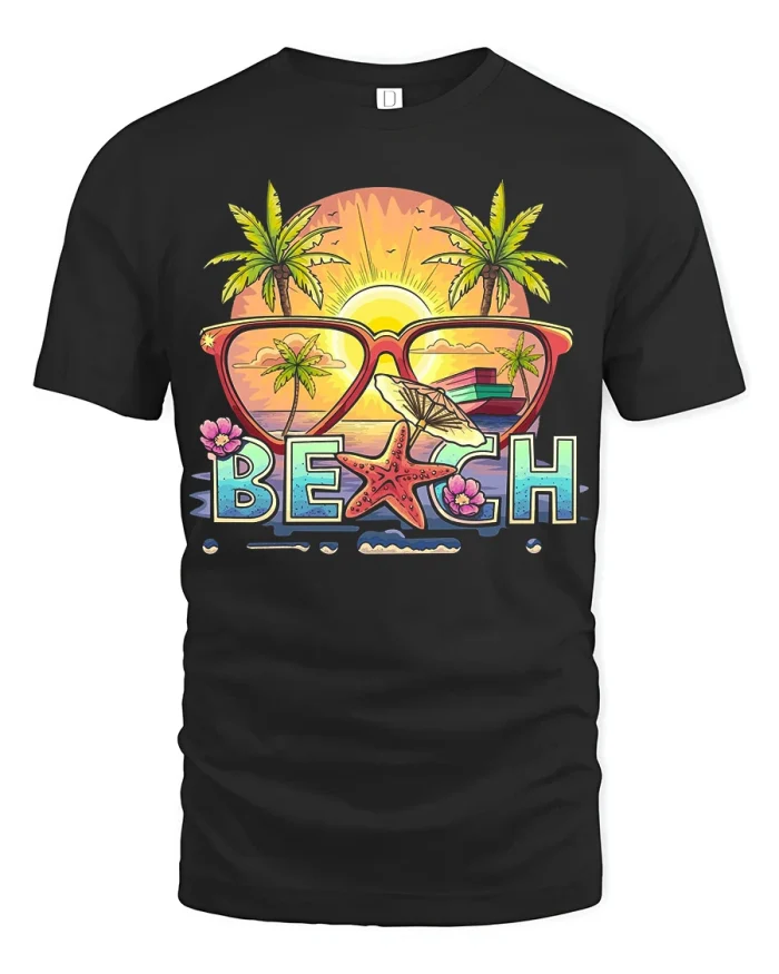 Beach Sunset Paradise Graphic Tee Tropical Coastal Vacation Style - black t-shirt on white background