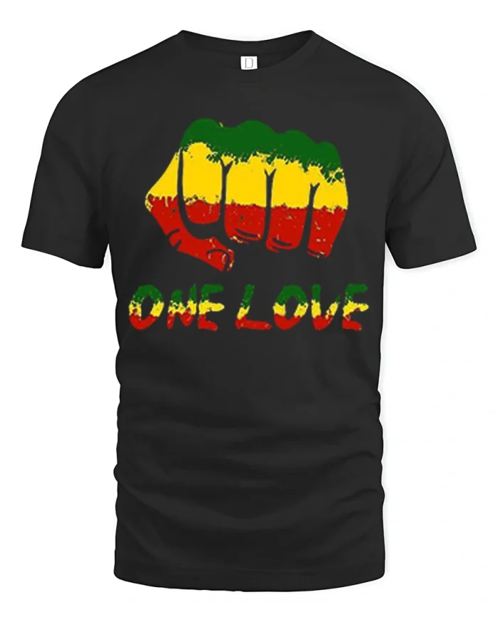 One Love Rasta Fist Graphic Tee Vintage Reggae Peace Style - black t-shirt on white background