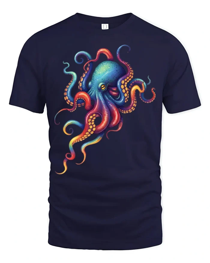 Colorful Octopus Graphic Tee Vibrant Ocean Sea Creature Artwork - navy t-shirt on white background