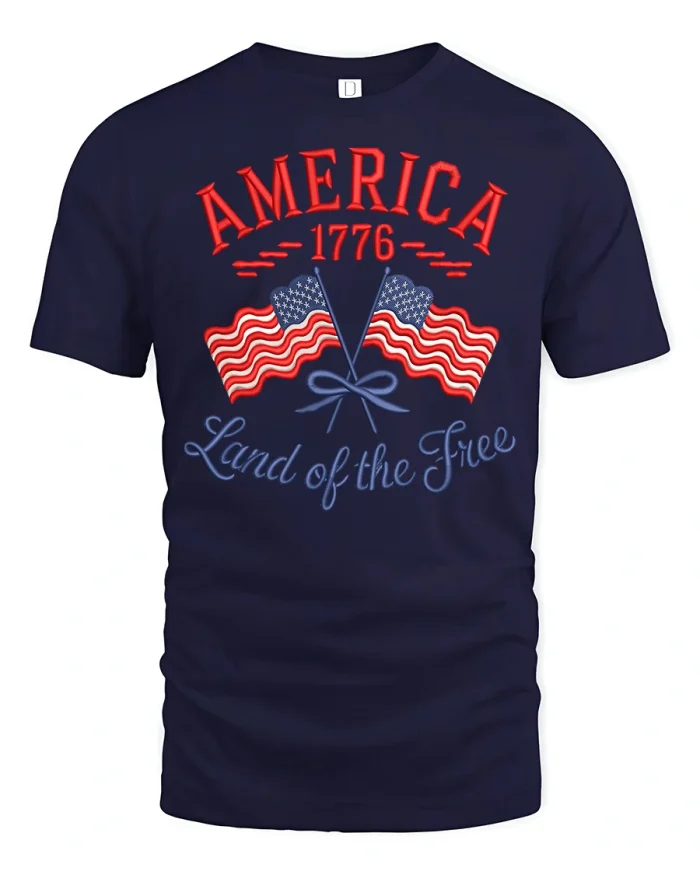 America 1776 Land of the Free Patriotic Flag Graphic Tee - navy t-shirt on white background