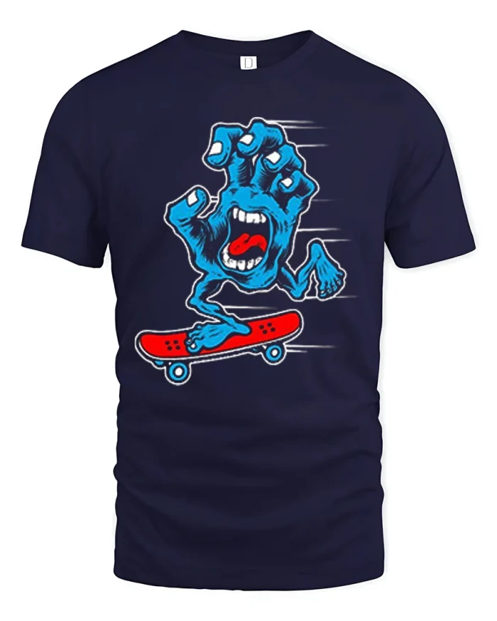 Crazy Skateboard Monster Hand Graphic Tee Retro Street Skater Style - navy t-shirt on white background
