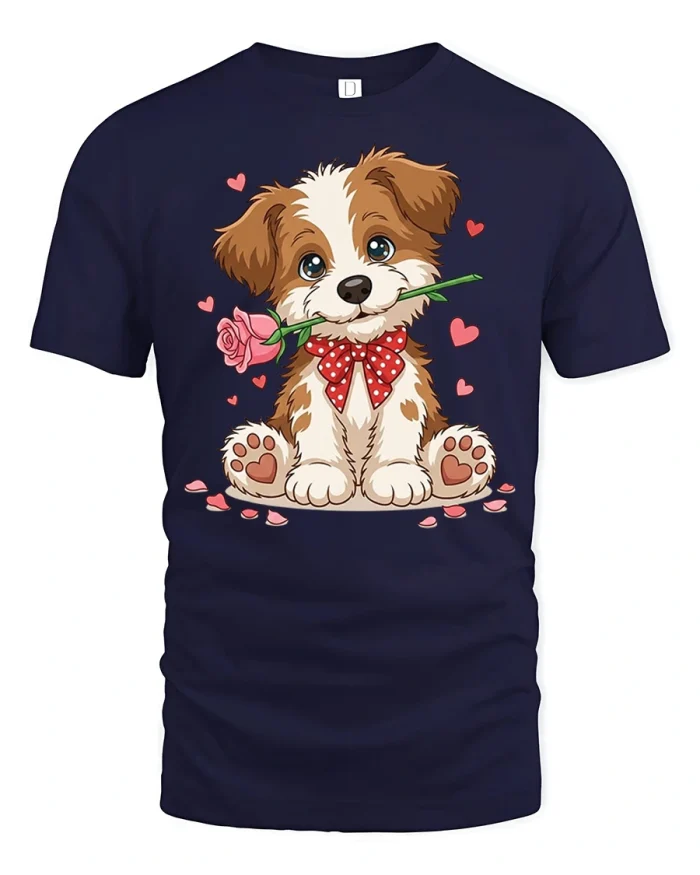 Cute Puppy With Rose Valentine Love Tee Adorable Romantic Gift - navy t-shirt on white background