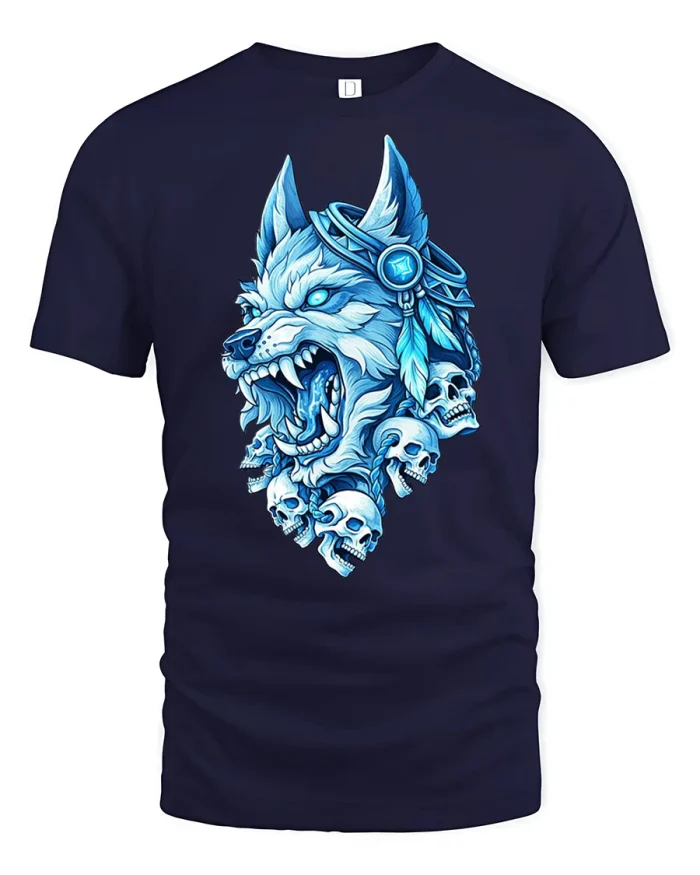 Frost Wolf Skull Spirit Graphic Tee With Fierce Nordic Power Art - navy t-shirt on white background