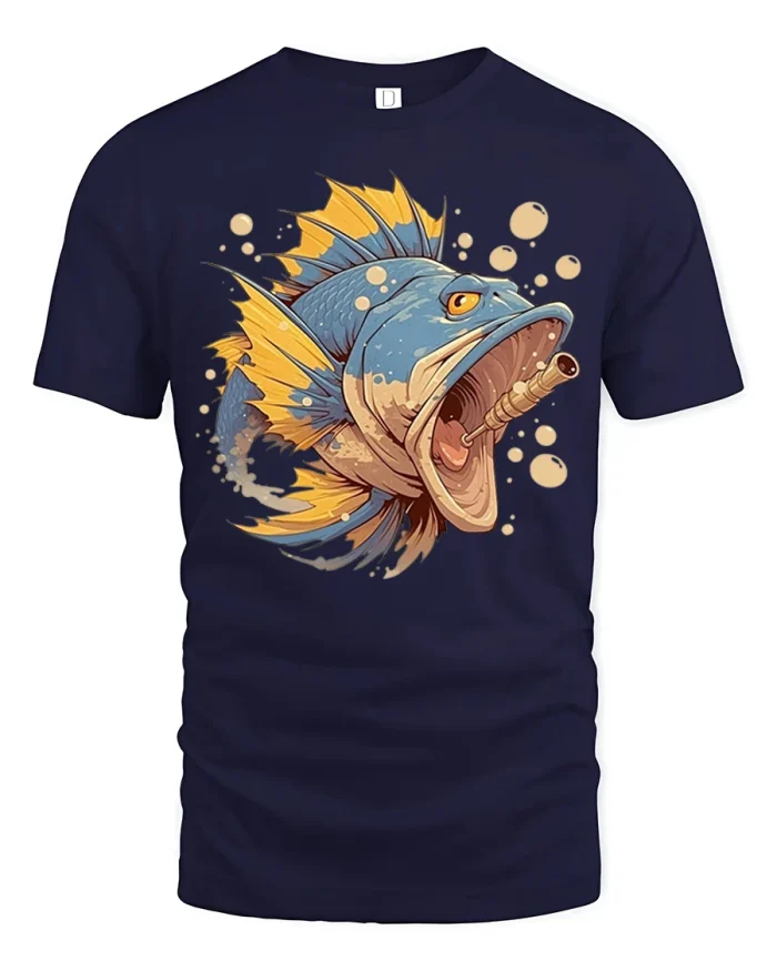 Funny Bass Fish Smoking Pipe Graphic Tee With Vintage Angler Style - navy t-shirt on white background