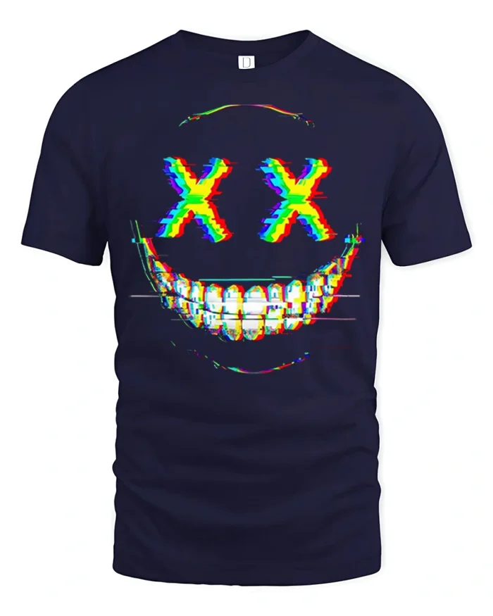 Glitch Smile Skull Face Graphic Tee With Neon Street Style Art - navy t-shirt on white background