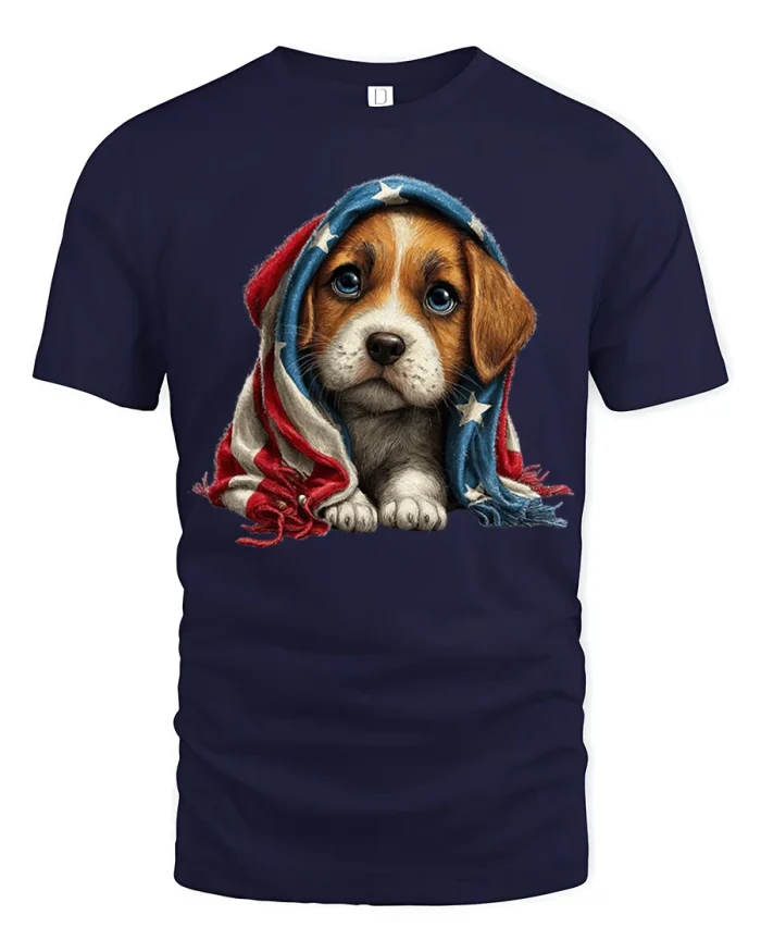 Patriotic Puppy Wrapped in American Flag Cute Dog Lover T Shirt - navy t-shirt on white background