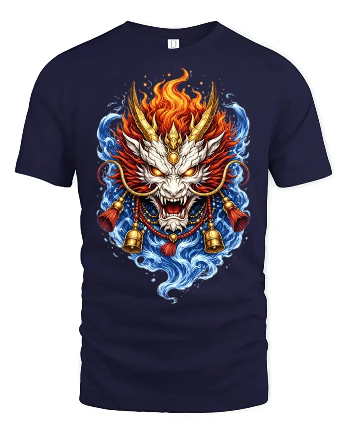 Legendary Flaming Dragon Mask Graphic Tee Japanese Myth Tshirt - navy t-shirt on white background