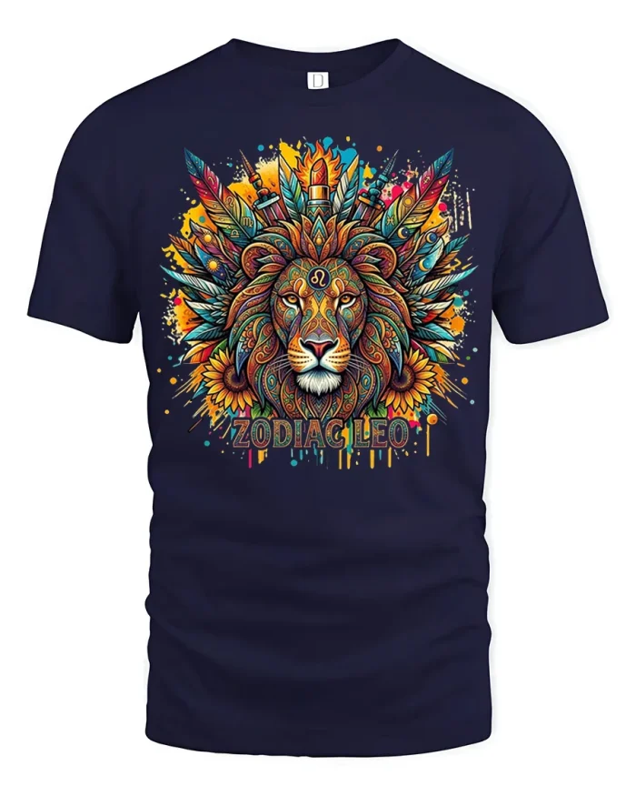 Vibrant Zodiac Leo Lion Graphic T Shirt Celestial Spirit Art - navy t-shirt on white background