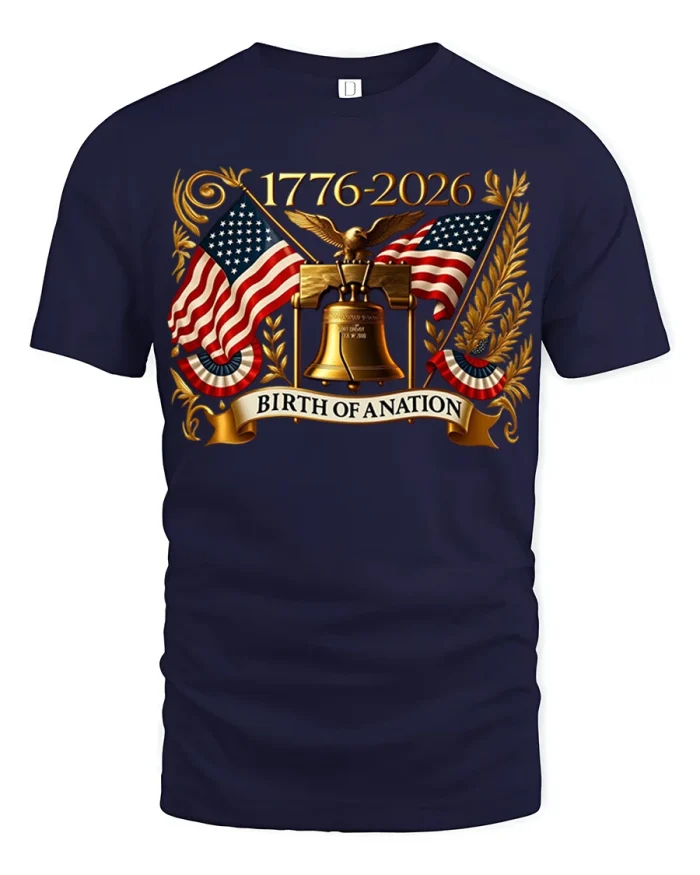 America 250 Birth Of A Nation Liberty Bell Patriotic T Shirt - navy t-shirt on white background