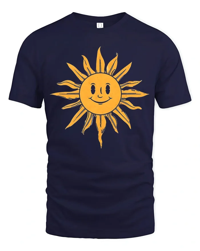 Happy Smiling Sun Graphic T Shirt Retro Sunshine Positive Vibes - navy t-shirt on white background